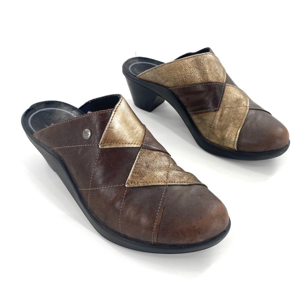 Romika Leather Clogs Womens Sz 40 EU Brown Gold Heel Comfort Slip On‎ Mule Shoes
